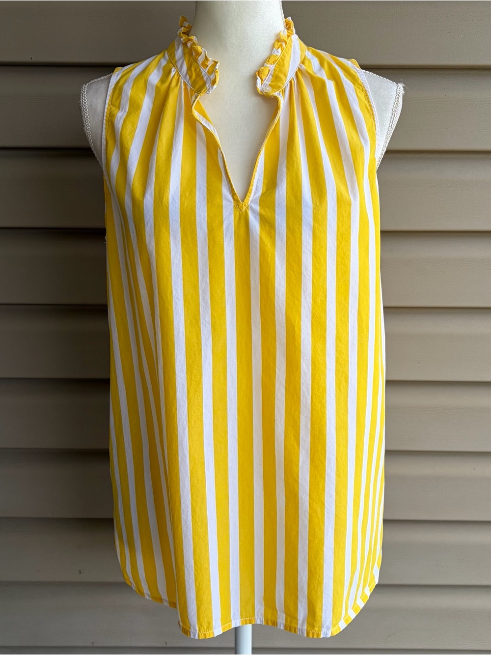•J.Crew• Yellow/White Striped Sleeveless Ruffle Neck Blouse – Size 10Tall